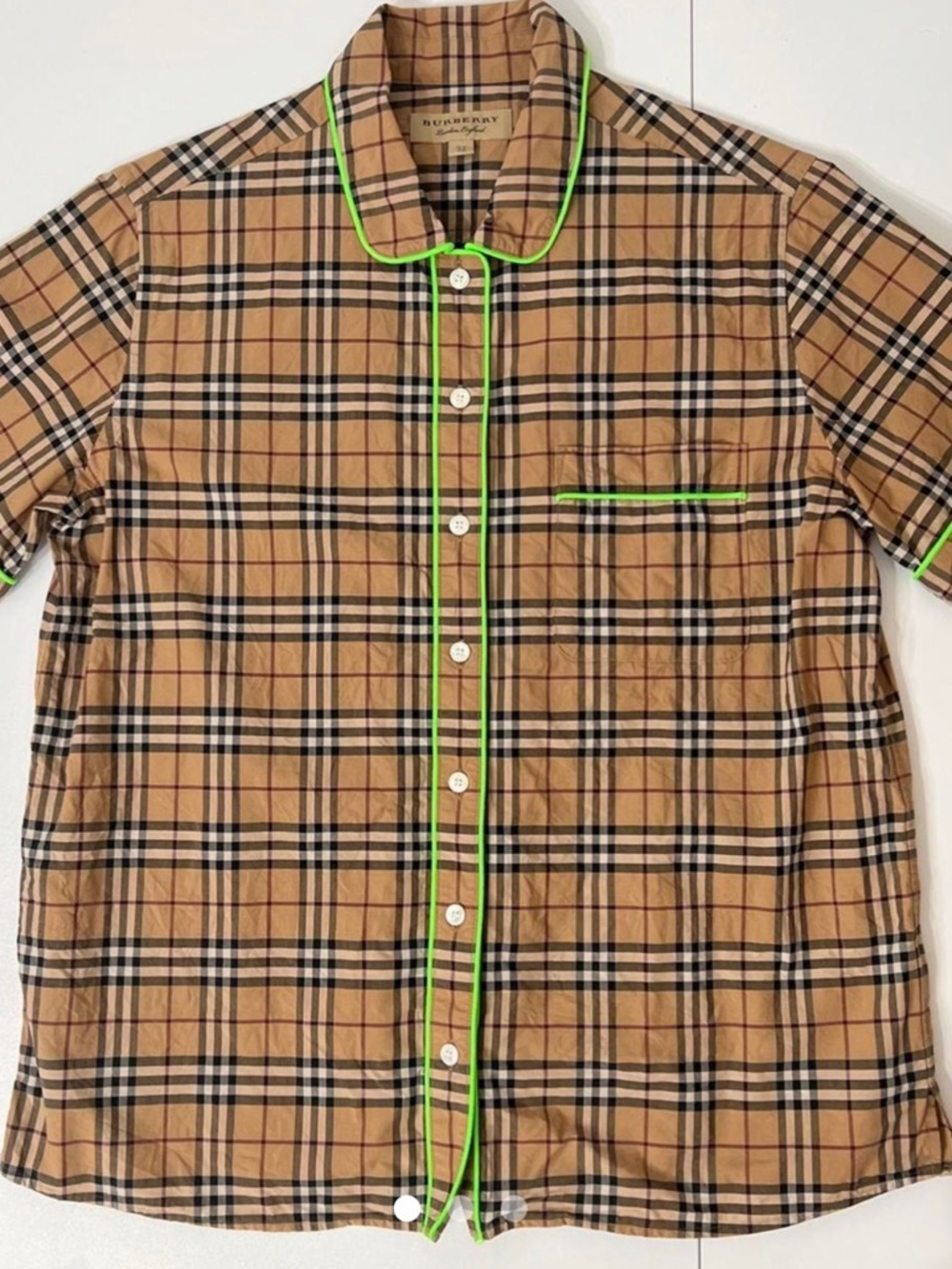 Burberry Tan Plaid Short Sleeve Button-Down with Neon Green Trim